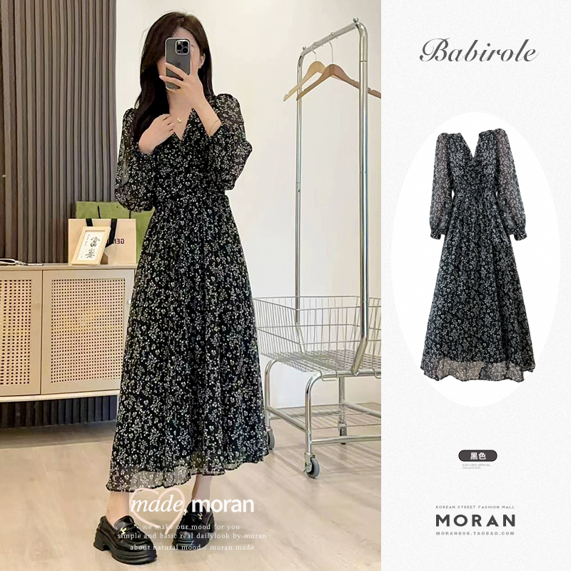 French-Style Drapey High-End Black Floral Dress for Women, Long-Sleeved V-Neck Long Dress, Elegant and Slimming, New for Early Spring and Autumn