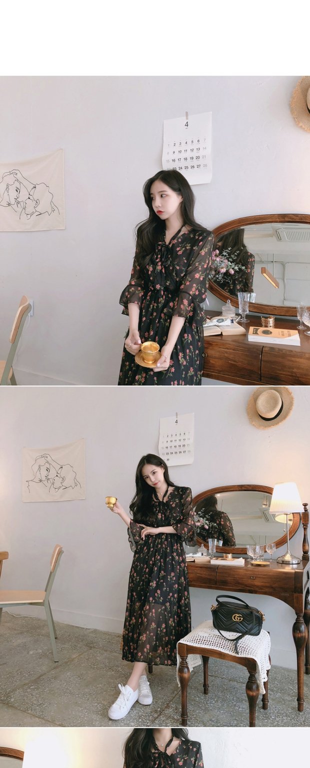 Mùa hè 2018 mới gió retro nhẹ nhàng phiên bản Hàn Quốc của loa đầm voan hoa 7 điểm ở phần dài của eo chân váy đen