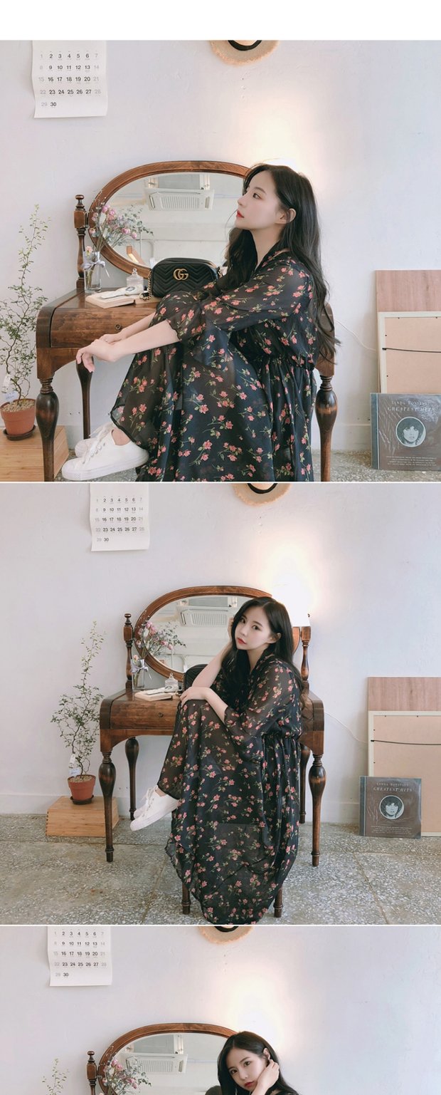 Mùa hè 2018 mới gió retro nhẹ nhàng phiên bản Hàn Quốc của loa đầm voan hoa 7 điểm ở phần dài của eo chân váy đen