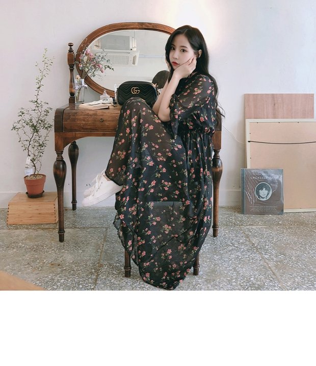 Mùa hè 2018 mới gió retro nhẹ nhàng phiên bản Hàn Quốc của loa đầm voan hoa 7 điểm ở phần dài của eo chân váy đen