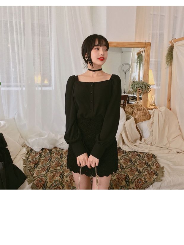 MORAN Han Feng chic nam tính retro kiểu áo dài tay Hồng Kông tay áo phồng cẩn thận máy móc xương đòn hàng đầu sơ mi dài tay nữ