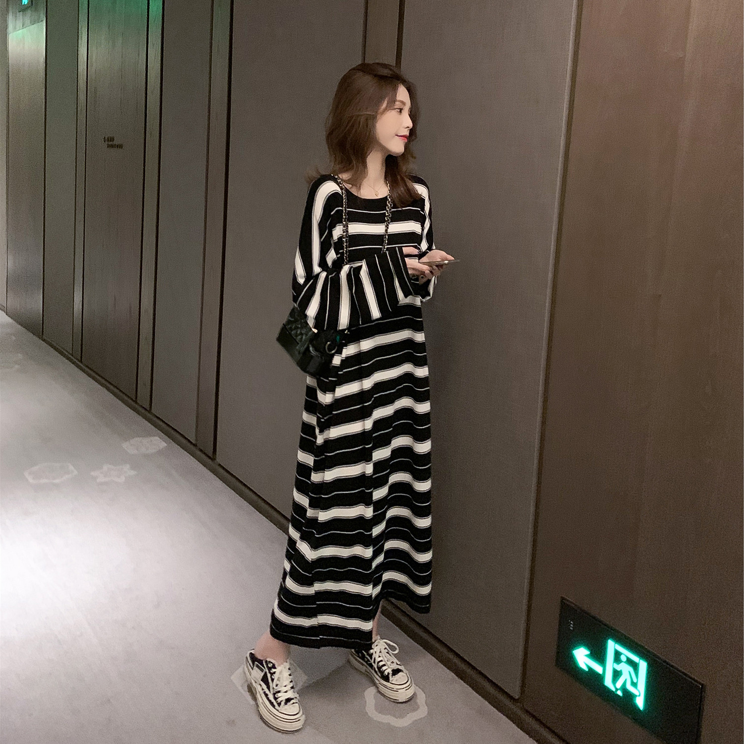 Pregnant women in autumn new Han edition of mid-long edition knitting stripes dress lazy wind orange dress loose and thin skirt