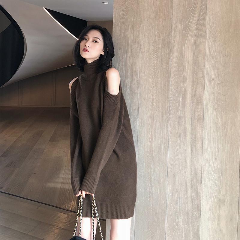 Fat Sister 150kg Extra Large Size High Neck Off-Shoulder Knitted Sweater Mid-Length Loose Versatile Solid Color Base Sweater for Women