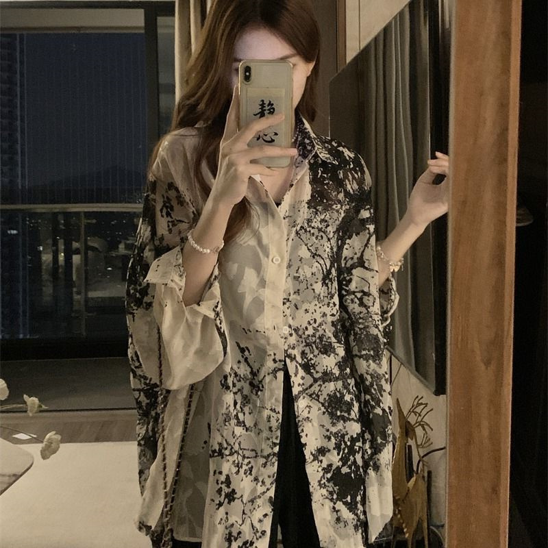 Fat Sister 150kg Extra Large Size Ink Painting Print Design Fashionable Summer Long Sleeve Versatile Shirt Jacket for Women