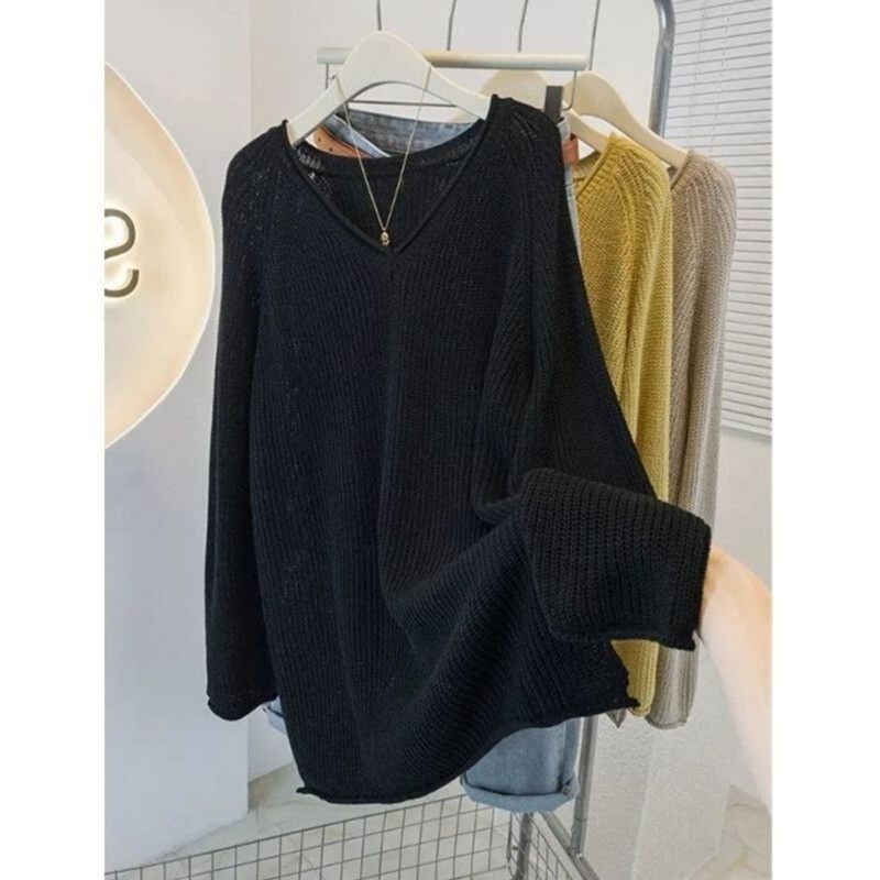 New Autumn and Winter Style Elegant V-Neck Long-Sleeved Knitwear, Lazy Style, Casual and Versatile Solid Color Sweater for Women 150kg Extra Large Size New Autumn and Winter Style Elegant V-Neck Long-Sleeved Knitwear, Lazy Style, Casual and Versatile Solid Color Sweater for Women 150kg Extra Large Size