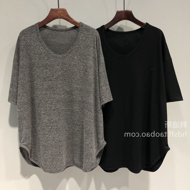 Plus-Size Loose U-Neck Short-Sleeve T-Shirt for Women, Summer Mid-Length Versatile Top That Covers the Belly, Trendy on Instagram