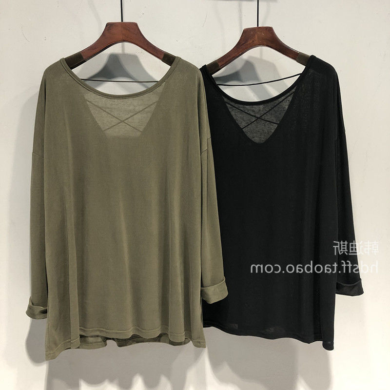 Plus Size 1.0-150kg Extra Large Solid Color Loose Fit Back Cross Strap Beautiful Back Long Sleeve Tummy-Covering T-Shirt Sun Protection Shirt for Women Plus Size 1.0-150kg Extra Large Solid Color Loose Fit Back Cross Strap Beautiful Back Long Sleeve Tummy-Covering T-Shirt Sun Protection Shirt for Women