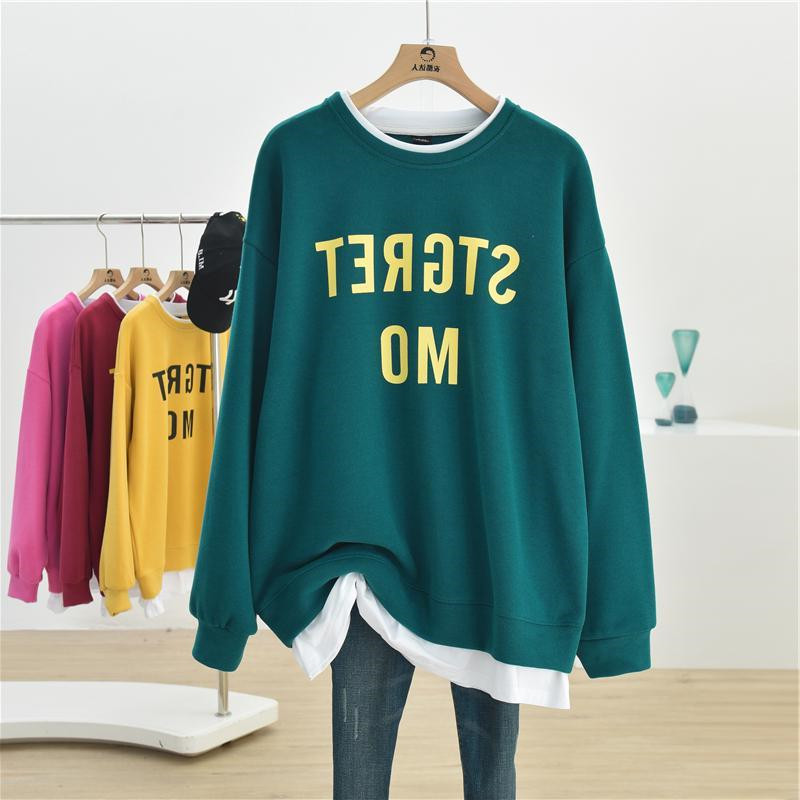 Autumn Winter's new 300 catty extra-weight overweight medium long version of fake two-piece sweatshirt female loose Korean version plus velvet thick blouse