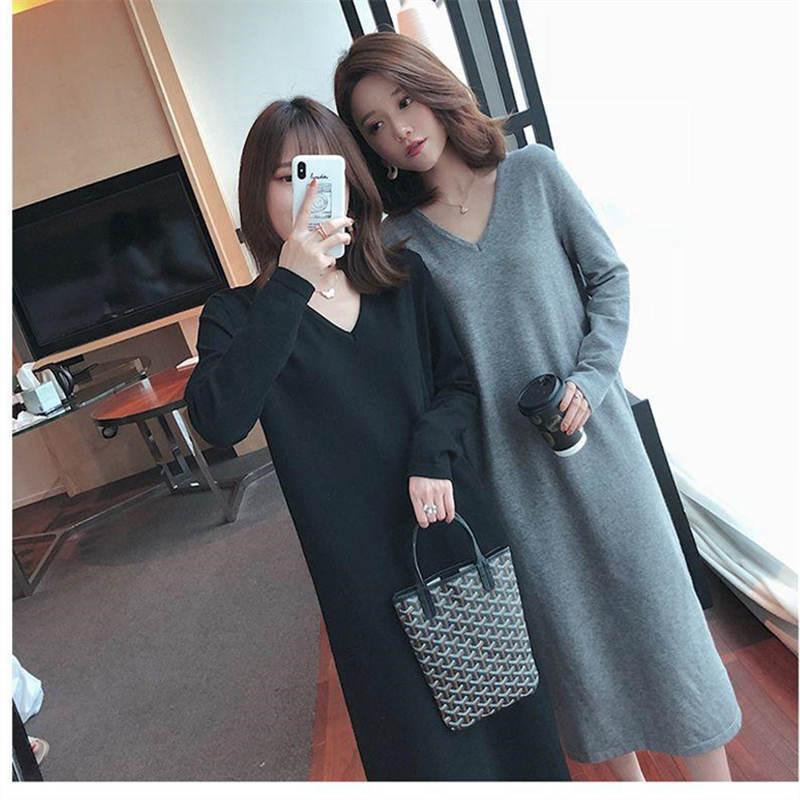 300 catties plus fat plus size autumn and winter long-sleeved knitted dress women's loose mid-length bottoming sweater skirt