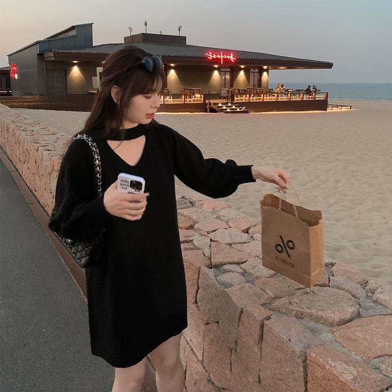 New Autumn and Winter Style for Plus-Size Women 150kg Extra-Large Long Over-The-Knee Loose Slimming Hollow-Out Knitted Sweater for Women