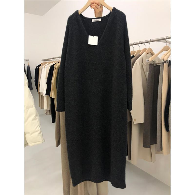 Plus-Size Girl 150kg Extra-Large V-Neck Knit Long Dress for Women, Loose Fit, Tummy-Covering, Long-Sleeve Versatile Sweater Dress