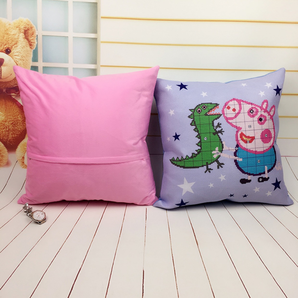 Pig cartoon vài đứa trẻ dễ thương cross stitch gối sofa đệm eo bằng xe hơi gối một cặp - Công cụ & phụ kiện Cross-stitch chỉ thêu tranh chữ thập