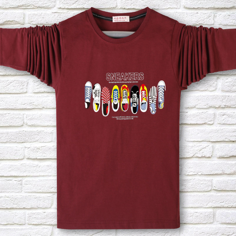 Cộng với phân bón XL nam dài tay áo thun cotton lỏng mỡ béo đập vỡ áo trẻ trung thủy triều thương hiệu quần áo mỏng áo phông dài tay