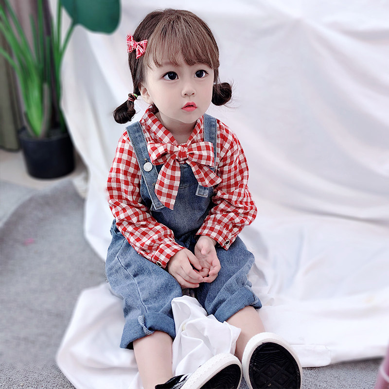 66 Princess Identical Girl Child 2022 New Baby Boy Girl Child Girl Han Edition Cute Plaid Butterfly Knot Shirt-Taobao