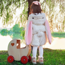 66 Princess autumn and winter girls foreign style rabbit set childrens cotton padded thick imitation fur fashionable sweater two-piece set