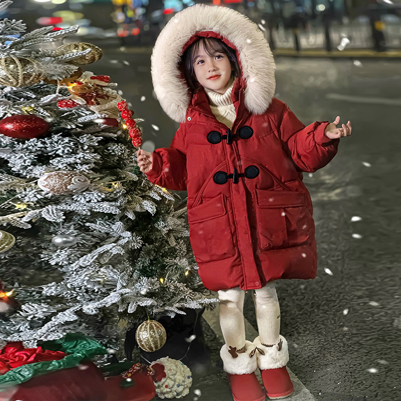 Children's clothing girls down jacket mid-length children's winter clothes 2024 new fashionable winter girls red jacket thickened