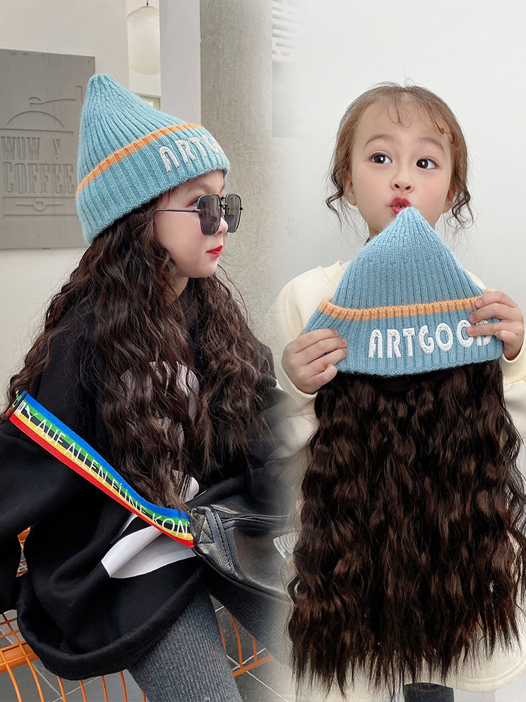 66 Princess Children's Wig Cap One-piece Girls Cap Knitted Wool Cap Long Curly natural full head simulation