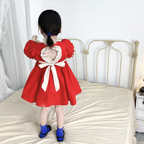 66 Princess girl backless dress summer baby childrens skirt summer 2021 new red bubble sleeve a word