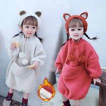 66 princess with the same 2020 autumn and winter new Korean version of the male and female childrens medium-long lamb hair large pocket wool sweater