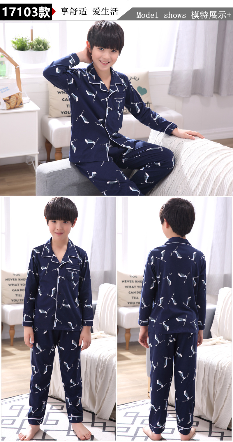 Nam trung niên phù hợp với mùa xuân và mùa thu dài tay cotton mùa hè đồ ngủ bé trai 12-15 tuổi học sinh trung học cơ sở đồ bộ trung niên