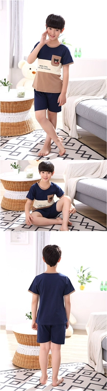 Đồ ngủ bé trai mùa hè cotton mỏng tay ngắn mùa hè bé trai lớn 12 trẻ em dịch vụ tại nhà 15 tuổi đồ bộ thể thao nam