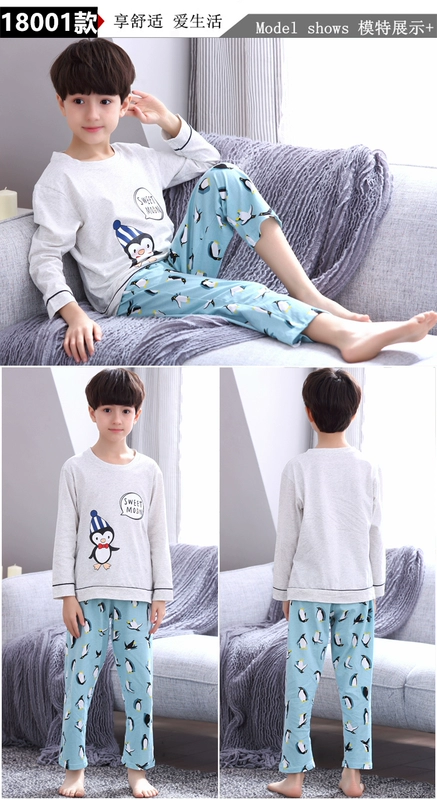 Bộ đồ trẻ em lớn cho nam 12-13 mùa thu và mùa hè cotton dài tay cho bé trai Đồ ngủ cho bé trai 14-15 tuổi học sinh trung học cơ sở cotton pijama lụa cao cấp