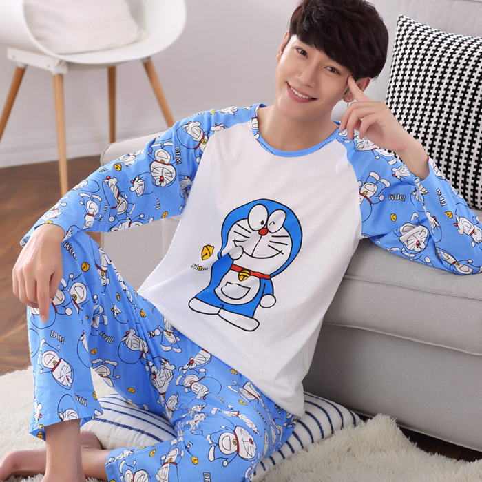 Mùa xuân và mùa thu mens đồ ngủ dài sleevecotton bông phim hoạt hình người đàn ông mỏng dễ thương tuổi teen mùa thu mens nhà phù hợp.