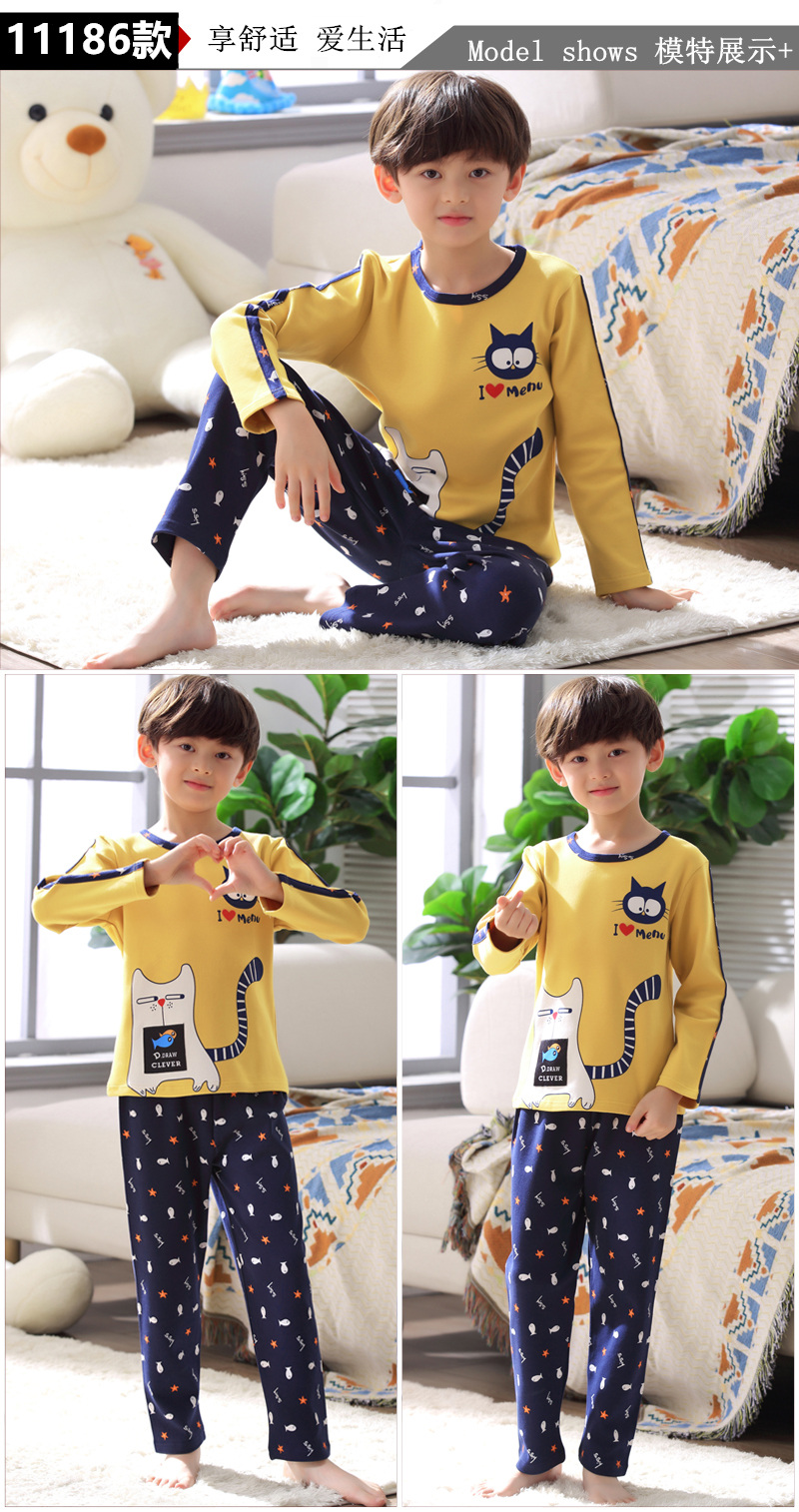 Đồ ngủ trẻ em trai dài tay mùa xuân và mùa thu cotton boy mỏng phần mùa hè cậu bé lớn phim hoạt hình bông phục vụ nhà thời trang mặc nhà