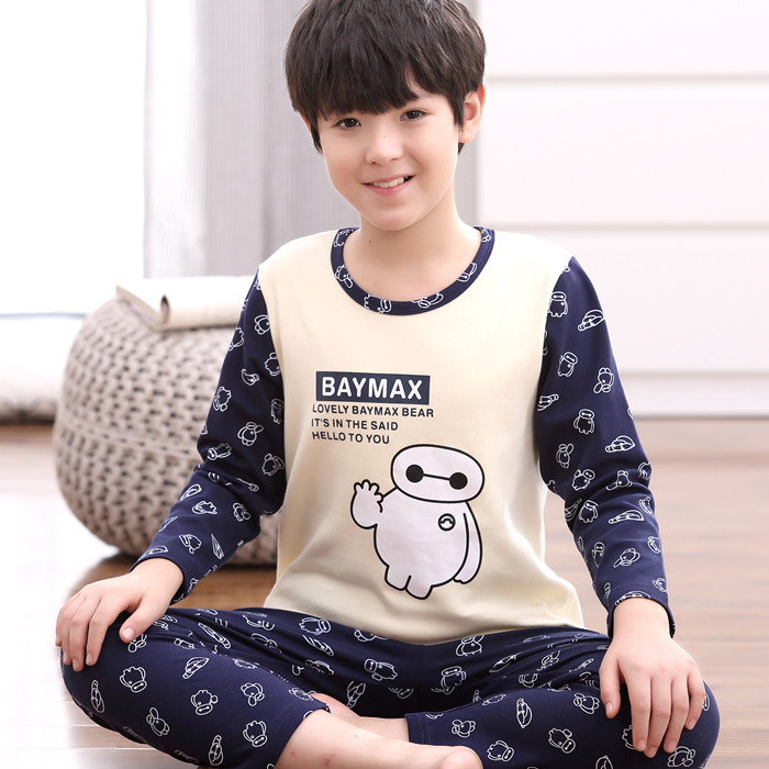 Chàng trai Pyjama 11-13-15 tuổi mùa hè dài tay bộ mỏng bông cotton vừa cậu bé bé trai mùa thu.