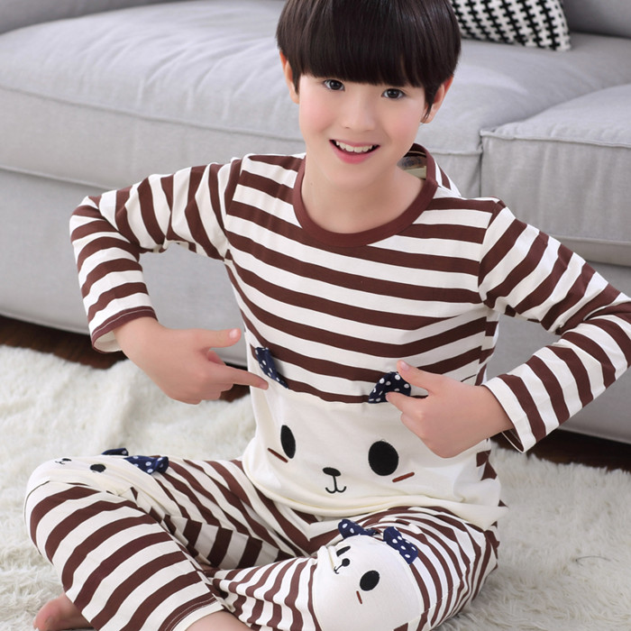 Chàng trai Pyjama 11-13-15 tuổi mùa hè dài tay bộ mỏng bông cotton vừa cậu bé bé trai mùa thu.