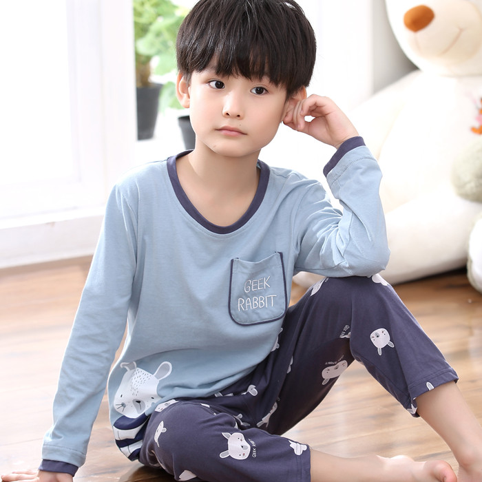 Chàng trai Pyjama 11-13-15 tuổi mùa hè dài tay bộ mỏng bông cotton vừa cậu bé bé trai mùa thu.