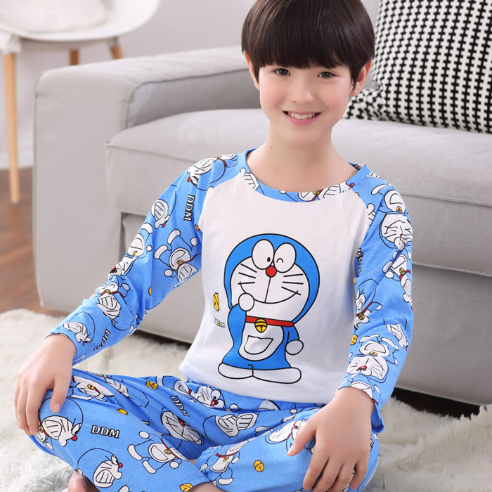 Chàng trai Pyjama 11-13-15 tuổi mùa hè dài tay bộ mỏng bông cotton vừa cậu bé bé trai mùa thu.