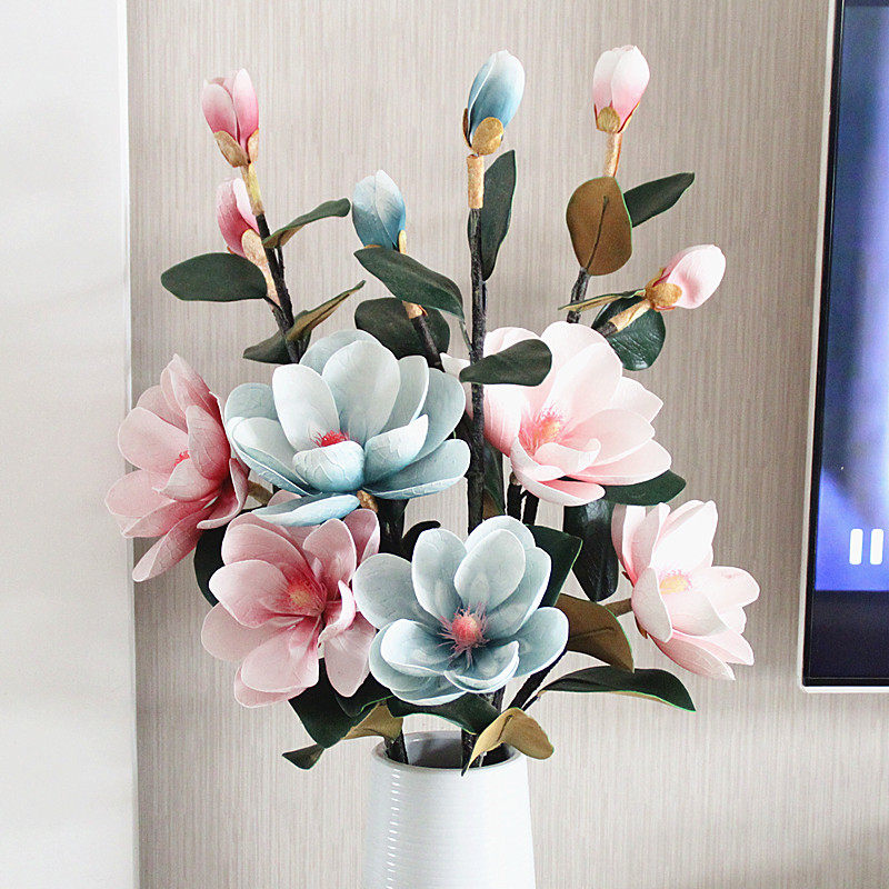 New Chinese-style magnolia flower simulation bouquet living room floor New Year decoration fake flower set floral decoration vase