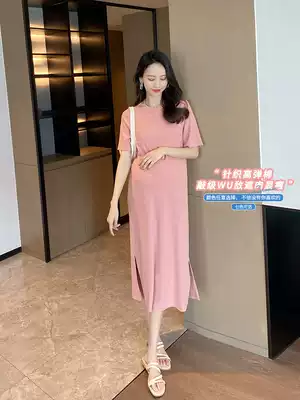 Maternity dress 2021 new summer thin knitted simple T-shirt dress long version Korean split skirt