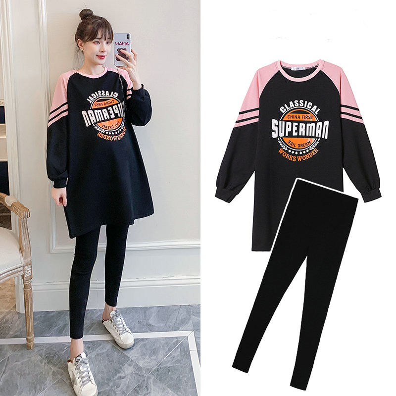 Pregnant woman Autumn Fashion Suite Fashion style 2021 Spring and autumn style Foreign Pie Long Sleeve Loose and Thin Ocean Dress Early Autumn Two Sets
