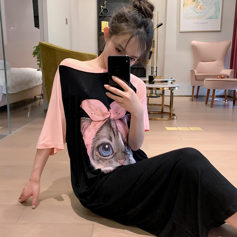 Pregnancy Woman Dress Cute Cat Momodale Sleeping Dress Lady Summer Loose Tide Moms Long Dress Slim Fit Cartoon Pure Cotton Pyjamas