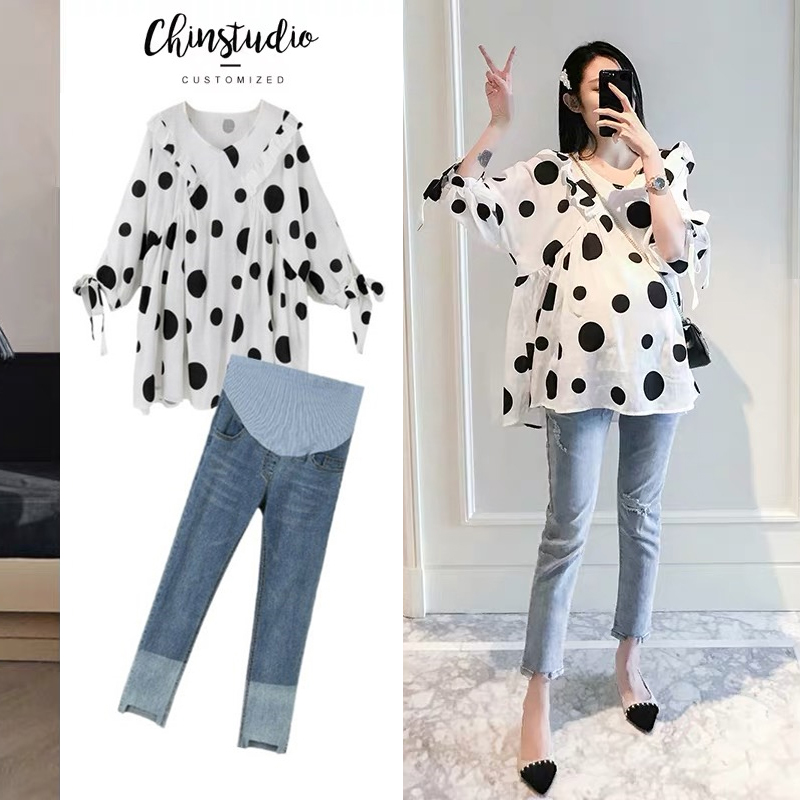 Pregnant woman Xia Fashion Han version Loose Pregnant Woman Wave Dot blouses Two sets Summer 2021 New tennis Red suit Fashion style