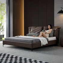2 m × 220 bed master bedroom designer 2 2 m light luxury down Italian leather bed Brown low bed Italian pole