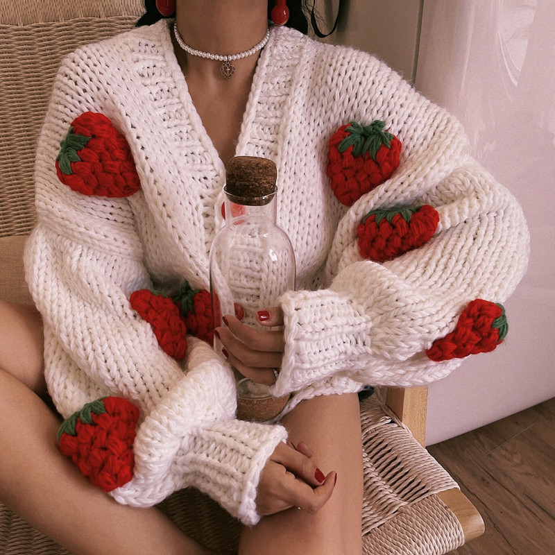2025 Autumn/Winter New Thickened Chunky Knit Strawberry Sweater for Women, Handmade 3D Crochet Sweet Knitted Cardigan Jacket