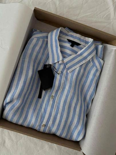 Women's blue striped high-studded linen shirt