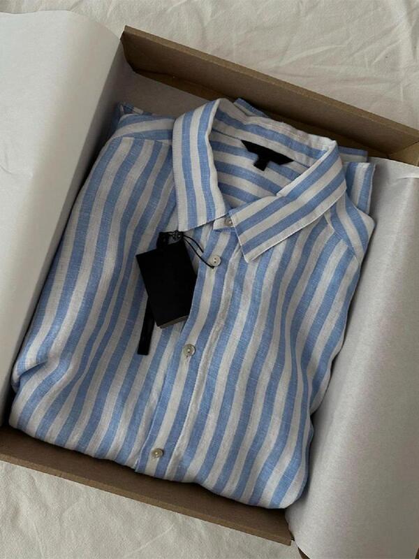 Clearance Sale~ Amazing Product! Super Hot! This Year's Trendy and Elegant Blue Striped High-Quality Linen Shirt for Women