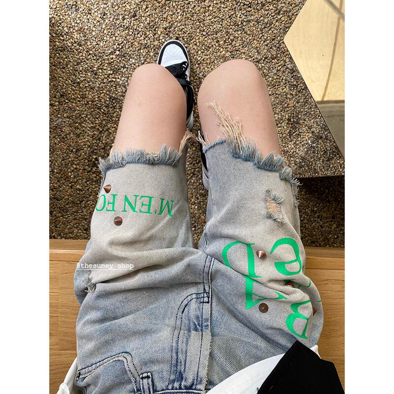 Awesome Stuff! Super Cool! 2026 Summer Vintage Distressed Frayed Tassel Studded Letter Denim Shorts for Women