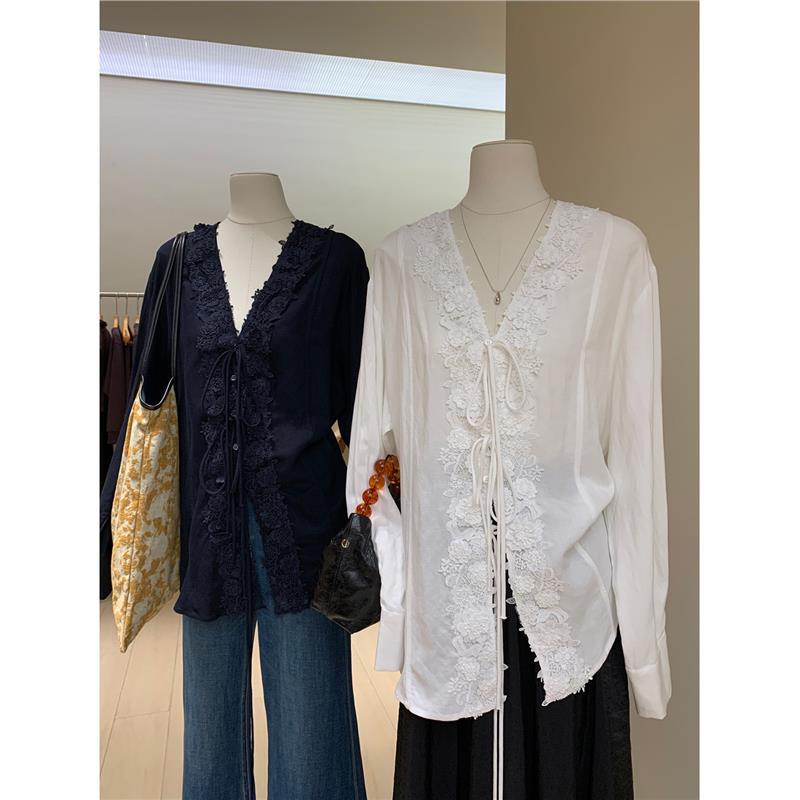 Water-Soluble Lace Series Three-Dimensional Positioning Embroidery V-Neck Tie Long-Sleeve Shirt Loose and Comfortable Cotton-Linen French-Style Top