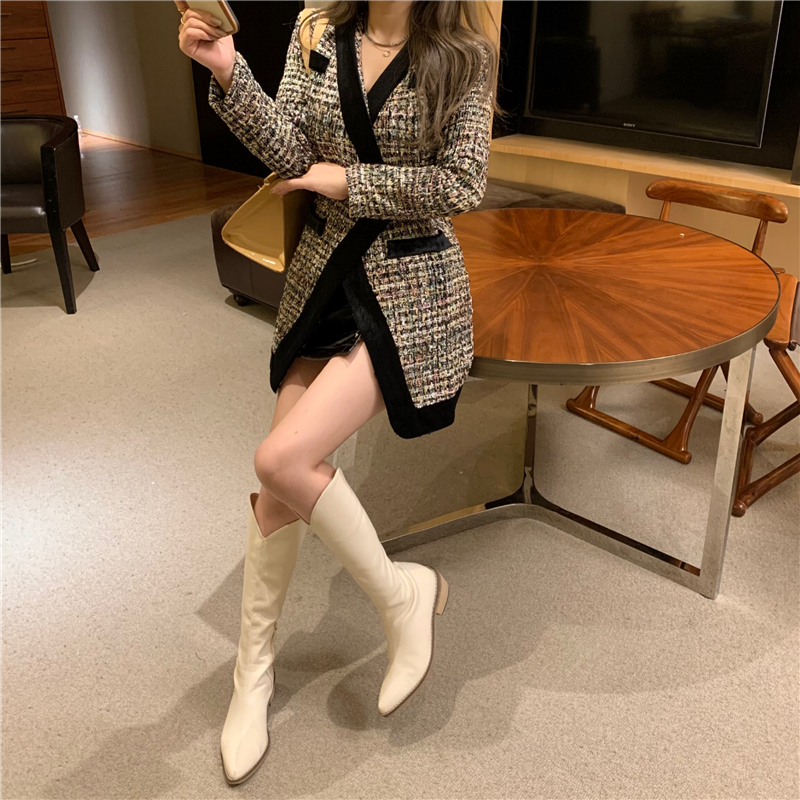 Real price 2021 spring fragrance V-Neck long sleeve tweed high waist split suit coat with belt