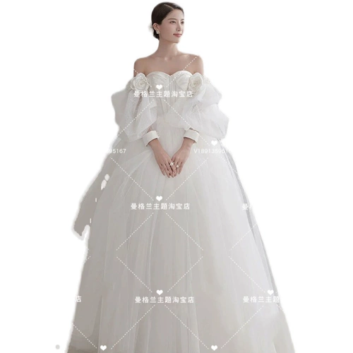 Новое платье темы фильма на выставке, Фотография фотографии, корейская простота пузырьковая рукава хвост свадебная пара фото обслуживание