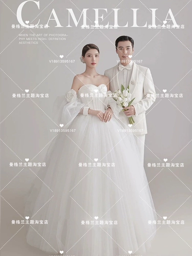 Новое платье темы фильма на выставке, Фотография фотографии, корейская простота пузырьковая рукава хвост свадебная пара фото обслуживание