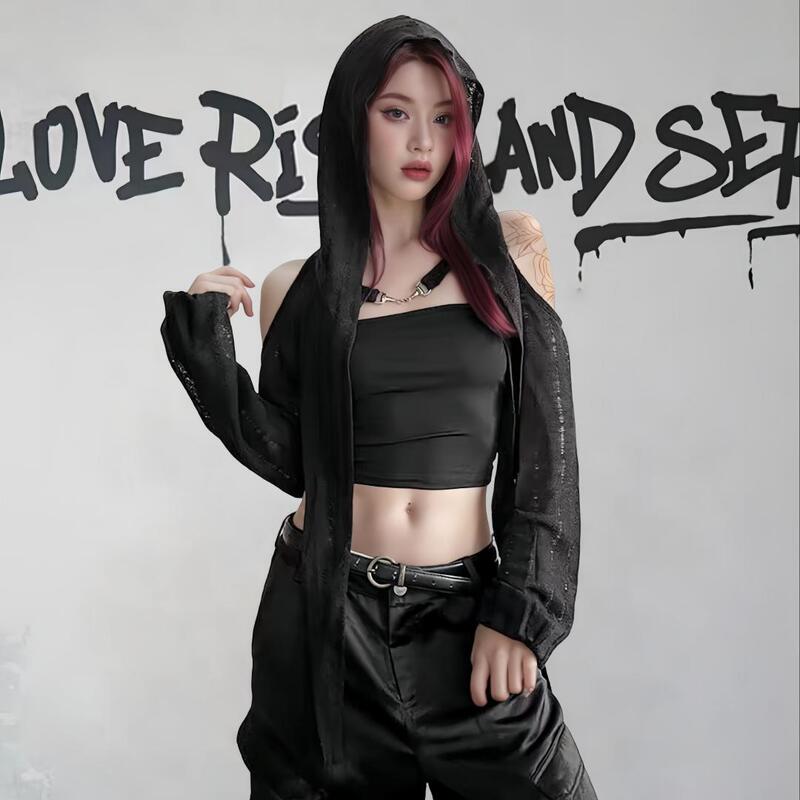 Wasteland Style Sexy Short Shawl Jacket for Women, Spring and Summer American Style Off-Shoulder Cool Niche Hooded Cardigan Top