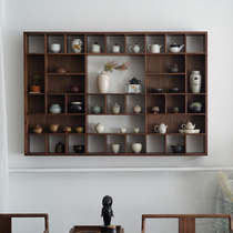  Black walnut lattice rack Wall old elm shelf combination tea furniture multi-function multi-Bao grid porcelain shelf