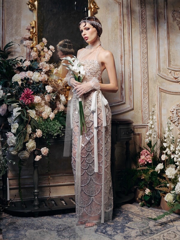 2026 French-Style Love Wedding Dress for Women, Sequined, High-End, Mermaid Style, Light Luxury, Niche, High-End, Suitable for Art Exam Hosts