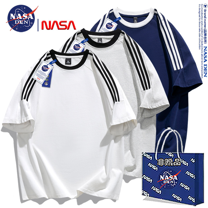 Nasa Collaboration Heavyweight Pure Cotton Striped Three-Stripe Short-Sleeve T-Shirt Unisex Summer American Retro Simple Raglan Sleeve